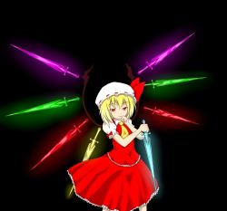 Rule 34 | 1girl, alternate wings, ascot, bad id, bad pixiv id, blonde hair, bow, female focus, flandre scarlet, hair bow, hat, red eyes, short hair, solo, embodiment of scarlet devil, touhou, toys (pixiv), wings
