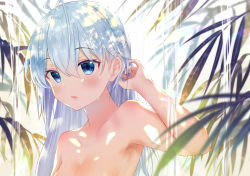 Rule 34 | 1girl, blue eyes, blue hair, blurry, blurry background, blurry foreground, blush, breasts, cleavage, collarbone, commentary request, day, depth of field, gyozanuko, hair between eyes, hand up, highres, long hair, looking at viewer, medium breasts, nude, original, parted lips, solo, sunlight, upper body, very long hair, water