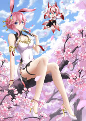 Rule 34 | 2girls, :d, absurdres, ahoge, animal ears, blue sky, branch, breasts, cherry blossoms, china dress, chinese clothes, cleavage, cleavage cutout, closed mouth, clothing cutout, cloud, cloudy sky, covered navel, dress, floating, folding fan, fox ears, fox girl, fox tail, frozen-sad, full body, green eyes, hair bun, hand fan, high heels, highres, higokumaru, holding, holding fan, honkai (series), honkai impact 3rd, in tree, japanese clothes, kimono, long sleeves, medium breasts, multiple girls, open mouth, petals, single hair bun, sitting, sitting in tree, sky, sleeveless, sleeveless dress, smile, tail, tree, white dress, white footwear, white kimono, yae sakura