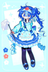 +_+ 1girl absurdres ahoge black_pantyhose black_sweater blue_background blue_dress blue_eyes blue_flower blue_hair blue_hairband blue_shoes bright_pupils buttons crossed_bangs dot_nose dress flower frilled_dress frilled_hairband frilled_sleeves frills full_body hairband hand_on_own_cheek hand_on_own_face happy_tree_friends highres holding holding_mop jewelry long_hair long_sleeves looking_at_object mary_janes mop multicolored_hair necklace omoyu_(nakyu715) pantyhose parted_lips personification petunia_(happy_tree_friends) ponytail puffy_long_sleeves puffy_sleeves red_flower ribbed_sweater shoes simple_background solo sparkle standing streaked_hair sweater turtleneck turtleneck_sweater two-tone_hair white_flower white_pupils