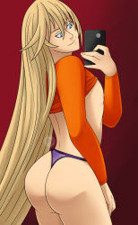 Rule 34 | 1boy, artist request, ass, blonde hair, blue eyes, cellphone, from behind, granblue fantasy, highres, long hair, lucio (granblue fantasy), phone, selfie, smile, solo, thong, trap, very long hair