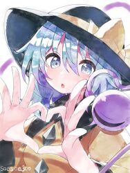 Rule 34 | 1girl, black hat, blouse, blue eyes, bow, buttons, diamond button, eyeball, frilled shirt collar, frilled sleeves, frills, green hair, hand gesture, hat, hat bow, hat ribbon, heart, heart of string, highres, komeiji koishi, open mouth, ribbon, shirt, soesoe300, solo, string, third eye, touhou, traditional media, twitter username, upper body, wide sleeves, yellow bow, yellow ribbon, yellow shirt