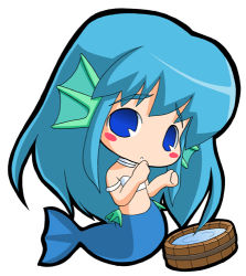 Rule 34 | 1girl, bandeau, blue eyes, blue hair, blush stickers, bucket, chibi, fins, hand to own mouth, head fins, jewelry, lowres, madou monogatari, matching hair/eyes, mermaid, monster girl, necklace, puyopuyo, serilly (puyopuyo), serilly (puyopuyo), solo, strapless, suntail, tube top, white background