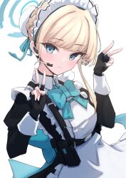 Rule 34 | 1girl, apron, black gloves, blonde hair, blue archive, blue bow, blue bowtie, blue eyes, blue ribbon, bow, bowtie, braid, bun cover, chest harness, double v, earpiece, fingerless gloves, french braid, gloves, hair ribbon, halo, harness, highres, looking at viewer, maid, maid apron, maid headdress, meluwow, multicolored hair, ribbon, solo, streaked hair, toki (blue archive), v