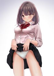 Rule 34 | 1girl, bad id, bad pixiv id, black skirt, blush, bow, bowtie, bracelet, breasts, brown eyes, brown hair, chikuwa (odennabe), closed mouth, clothes lift, collared shirt, commentary request, cowboy shot, dress shirt, gradient background, green panties, jewelry, lifted by self, looking at viewer, medium hair, original, panties, pleated skirt, raised eyebrows, red bow, red bowtie, school uniform, shirt, simple background, skirt, skirt lift, sleeves rolled up, slightly open shirt, small breasts, solo, striped clothes, striped panties, tareme, thighs, underwear, white background, white shirt