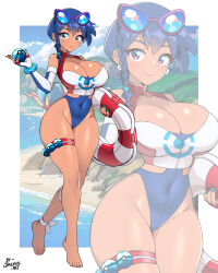 1girl absurdres blue_hair breasts creatures_(company) game_freak highleg highres jarckius large_breasts midriff nail_polish navel nintendo original poke_ball pokemon solo