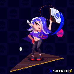 Rule 34 | 1girl, animated, animated gif, capelet, chest sarashi, ear piercing, fireworks, folding fan, full body, getai, hand fan, hand on own hip, midriff, navel, nintendo, octoling player character, open mouth, paper fan, piercing, pixel art, pointy ears, red eyes, sarashi, shiver (splatoon), smile, solo, splatoon (series), splatoon 3, standing