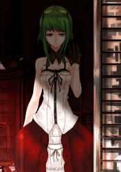Rule 34 | 1girl, black gloves, eyewear on head, fashion, glasses, gloves, green eyes, green hair, gumi, highres, matching hair/eyes, mille (dieci), mirre, red-framed eyewear, short hair, short hair with long locks, skirt, solo, string, string of fate, uso to diamond (vocaloid), vocaloid