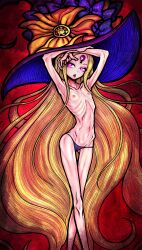 Rule 34 | 1girl, abigail williams (fate), abigail williams (second ascension) (fate), absurdres, armpits, arms up, black panties, blonde hair, bow, bow legwear, commentary request, crossed legs, emaciated, fate/grand order, fate (series), feet out of frame, flat chest, glowing, glowing eyes, gluteal fold, hat, hat bow, highres, keyhole, large hat, long hair, multiple hat bows, navel, nazo no diaboro, orange bow, panties, pink eyes, polka dot, polka dot bow, purple hat, red background, ribs, skinny, solo, thigh gap, third eye, tongue, tongue out, topless, underwear, very long hair, watson cross, witch hat
