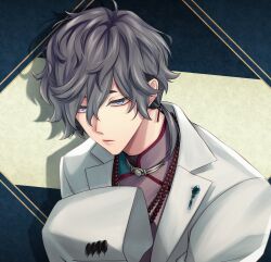 Rule 34 | 1boy, blue background, blue eyes, buttoned cuffs, buttons, closed mouth, collared shirt, commentary, commentary request, expressionless, grey hair, iritani ryouya, jacket, looking at viewer, male focus, mandarin collar, outside border, piofiore no bansho, purple shirt, rui (piofiore no bansho), sanpaku, shirt, short hair, sleeves past fingers, sleeves past wrists, solo, suit jacket, upper body, very long sleeves, white background, white jacket