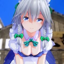 Rule 34 | 1girl, 3d, animated, blue eyes, breasts, cleavage, closed mouth, downblouse, grey hair, hanging breasts, izayoi sakuya, jiggle, leaning forward, looking at viewer, medium breasts, mofumoko5, no bra, smile, solo, touhou, video