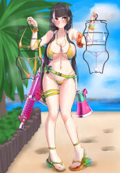 Rule 34 | 1girl, armband, bare shoulders, bikini, black hair, blush, breasts, chinese commentary, cleavage, closed mouth, clothes hanger, colt 9mm smg, commentary request, earrings, girls&#039; frontline, green nails, gun, heart, heart earrings, highres, holding, holding clothes hanger, jewelry, large breasts, micro bikini, multicolored hair, nail polish, navel, outdoors, popoman, ro635 (girls&#039; frontline), sandals, sideboob, standing, stomach, streaked hair, submachine gun, swimsuit, thigh strap, thighs, toenail polish, toenails, toes, weapon, whistle, whistle around neck, white bikini, white hair, yellow bikini, yellow eyes