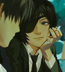 Rule 34 | 1boy, 1girl, black hair, black jacket, black necktie, blurry, blurry foreground, chainsaw man, cigarette, collared shirt, eyepatch, formal, hayakawa aki, head rest, highres, himeno (chainsaw man), holding, holding cigarette, jacket, leedare614, looking at another, necktie, parted lips, shirt, short hair, smile, suit, suit jacket, white shirt