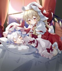 Rule 34 | 2girls, arm support, ascot, blonde hair, blue hair, blush, bow, crystal, dress, closed eyes, flandre scarlet, hair between eyes, half-closed eyes, hat, hat bow, highres, indoors, light blue hair, looking at another, mob cap, multiple girls, on bed, one side up, pillow, puffy short sleeves, puffy sleeves, red bow, red eyes, red skirt, red vest, remilia scarlet, short hair, short sleeves, siblings, sisters, skirt, sleeping, sorani (kaeru0768), touhou, vest, white dress, white headwear, window, wings, yellow ascot