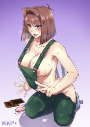 Rule 34 | 1girl, areola slip, ass, breasts, brown hair, condom, highres, kneeling, large breasts, mazaki anzu, mibry (phrysm), naked overalls, overalls, short hair, solo, sweat, used condom, yu-gi-oh!