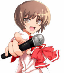 Rule 34 | 1girl, bad id, bad pixiv id, blush, brown eyes, brown hair, foreshortening, microphone, nagaoka shiho, open mouth, pointing, school uniform, shibasaki shouji, short hair, simple background, smile, solo, to heart, to heart (series)
