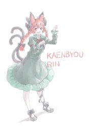 Rule 34 | 1girl, :d, absurdres, ahoge, animal ear fluff, animal ears, black bow, black footwear, black ribbon, blunt bangs, blunt ends, bow, braid, breasts, cat ears, cat tail, character name, dress, eyebrows hidden by hair, fangs, footwear bow, frills, full body, green dress, hair bow, hair ribbon, hands up, highres, juliet sleeves, kaenbyou rin, leg ribbon, long hair, long sleeves, looking at viewer, multiple tails, nekomata, open mouth, paw pose, puffy sleeves, red eyes, red hair, ribbon, satyuas, simple background, small breasts, smile, solo, standing, tail, touhou, tress ribbon, twin braids, twintails, two tails, white background