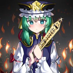 Rule 34 | 1girl, asymmetrical hair, balance scale, black hat, blue eyes, bright pupils, candle, closed mouth, commentary, english commentary, epaulettes, fire, frilled hat, frills, green hair, hat, highres, holding, long sleeves, looking at viewer, rod of remorse, shiki eiki, short hair, solo, spam (spamham4506), touhou, upper body, weighing scale, white pupils