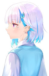 Rule 34 | 1girl, absurdres, bandaid, bandaid on neck, blue hair, blue vest, blunt bangs, blush, closed mouth, collared shirt, commentary request, ear piercing, hair ornament, highres, lize helesta, looking away, multicolored hair, multiple piercings, nenehotoso, nijisanji, piercing, profile, purple eyes, shirt, short hair, silver hair, simple background, solo, two-tone hair, upper body, vest, virtual youtuber, white background, white shirt