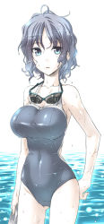 Rule 34 | 1girl, blue hair, breasts, curly hair, goggles, goggles around neck, himura kiseki, large breasts, long image, one-piece swimsuit, original, short hair, solo, standing, swimsuit, tall image, triangle mouth, water, wavy hair, wet, wet hair