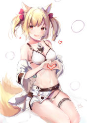 Rule 34 | 1girl, :d, absurdres, afterimage, animal ear fluff, animal ears, arknights, artist name, bare shoulders, belt, bikini, bikini under clothes, blonde hair, blush, bow, breasts, brown belt, cleavage, collarbone, dated, food, food between breasts, fox ears, fox girl, fox tail, hair bow, heart, heart hands, highres, ice cream, ice cream cone, jacket, long sleeves, looking at viewer, medium breasts, navel, off shoulder, official alternate costume, open clothes, open jacket, open mouth, red bow, red eyes, seiza, simple background, sitting, smile, soft serve, solo, sora (arknights), sora (summer flowers) (arknights), swimsuit, tail, tail wagging, twintails, white background, white bikini, white jacket, wide sleeves, wolf ears, wolf tail, yue (qtxyjiang)