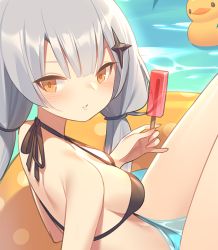 Rule 34 | 1girl, bare shoulders, bikini, black bikini, blush, breasts, brown eyes, commentary request, day, food, from side, grey hair, hair ornament, holding, holding food, innertube, kildir, long hair, looking at viewer, looking to the side, low twintails, medium breasts, original, outdoors, parted lips, popsicle, rubber duck, solo, swim ring, swimsuit, twintails, water