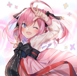 Rule 34 | 1girl, ahoge, azur lane, black ribbon, blush, bow, double v, douya (233), fang, hair ribbon, hanbok, korean clothes, looking at viewer, official alternate costume, one eye closed, open mouth, pink hair, purple eyes, ribbon, saratoga (azur lane), saratoga (hibiscus-scented idol) (azur lane), sidelocks, skin fang, smile, solo, two side up, upper body, v