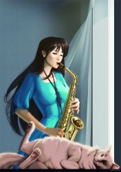 Rule 34 | 1girl, ayukawa madoka, blue eyes, brown hair, cat, dress, instrument, jingoro (cat), julia lichty, kimagure orange road, lips, long dress, long hair, realistic, saxophone, solo