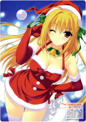 Rule 34 | 1girl, ;), absurdres, ahoge, bare shoulders, bell, blonde hair, breasts, brown eyes, choker, christmas, cleavage, dress, elbow gloves, fur trim, gloves, hair ribbon, tucking hair, hand on own hip, hat, highres, hip focus, large breasts, long hair, one eye closed, original, r g b, red dress, red gloves, red skirt, ribbon, sack, santa costume, santa hat, scan, skirt, smile, solo, suzuhira hiro, thigh gap, thighhighs, thighs, white thighhighs, wink