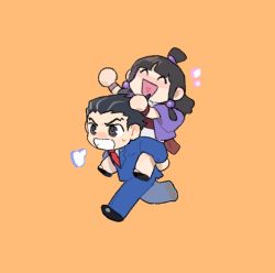 Rule 34 | 1boy, 1girl, puff of air, ^ ^, ace attorney, arms up, black eyes, black footwear, black hair, blue jacket, blue pants, blunt bangs, blush, bracelet, breast pocket, breath, carrying, chibi, clenched teeth, closed eyes, collared shirt, forehead, formal, full body, godzillapigeon1, hair ornament, hair tie, happy, heart, heart in mouth, jacket, jewelry, long hair, long sleeves, matching hair/eyes, maya fey, necktie, nose blush, notice lines, open mouth, orange background, pants, phoenix wright, piggyback, pocket, purple jacket, red necktie, running, sandals, sash, shirt, shoes, short hair, sidelocks, simple background, smile, spiked hair, suit, teeth, topknot, v-shaped eyebrows, white shirt