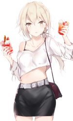 Rule 34 | 1girl, absurdres, alternate costume, artoria pendragon (fate), bag, bare shoulders, belt, black bra, black skirt, blonde hair, bra, bra strap, breasts, casual, collarbone, commentary request, cowboy shot, crop top, crop top overhang, cup, drinking glass, fate/stay night, fate (series), groin, handbag, hands up, highres, holding, holding cup, long hair, long sleeves, looking at viewer, low ponytail, medium breasts, midriff, miniskirt, off-shoulder shirt, off shoulder, parted lips, pencil skirt, saber (fate), sai (saipoko), shirt, simple background, skirt, solo, underwear, white background, white shirt, yellow eyes