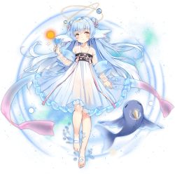Rule 34 | 1girl, ark order, bare legs, blue hair, blush, chinese clothes, double bun, dress, fins, flower, frilled dress, frills, hair bun, hair flower, hair ornament, halo, head fins, holding, horns, kuen (ark order), liquid halo, looking at viewer, narwhal, official art, pink flower, pink ribbon, ribbon, see-through, single horn, solo, tachi-e, white dress, yellow eyes