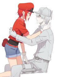 Rule 34 | 10s, 1boy, 1girl, absurdres, ae-3803, bad id, bad pixiv id, belt, black shirt, blue shorts, blush, colored skin, couple, denim, denim shorts, from side, gloves, grey gloves, grey hat, grey jacket, grey pants, hat, hataraku saibou, highres, invisible chair, jacket, kenkaizar, kneeling, knife, open clothes, open jacket, open mouth, pants, red blood cell (hataraku saibou), red hair, red jacket, sheath, sheathed, shirt, short hair, short shorts, short sleeves, shorts, sidelocks, silver hair, simple background, sitting, thigh strap, u-1146, white background, white blood cell (hataraku saibou), white gloves, white skin, yellow eyes