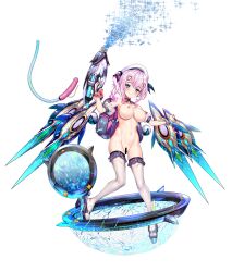 Rule 34 | absurdres, backpack, bag, bar censor, blue eyes, blush, breasts, censored, detached sleeves, dildo, hair ornament, hat, heart, heart hair ornament, highres, large breasts, long hair, mechanical wings, nipples, nude, one side up, oppai loli, original, pink hair, q azieru, sex toy, smile, thighhighs, transparent background, water gun, white thighhighs, wings