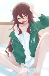 Rule 34 | 1girl, absurdres, alternate costume, arm between legs, barefoot, bed sheet, brown hair, feet, feet out of frame, flat chest, flower-shaped pupils, genshin impact, green jacket, hair between eyes, hand on own head, hand up, hashtag-only commentary, highres, hu tao (genshin impact), isa (isa34p 4), jacket, knees out of frame, long hair, long sleeves, looking at viewer, no pants, on bed, one eye closed, open clothes, open jacket, open mouth, red eyes, saliva, shirt, single bare shoulder, single off shoulder, sitting, solo, symbol-shaped pupils, t-shirt, tears, twintails, very long hair, waking up, white shirt