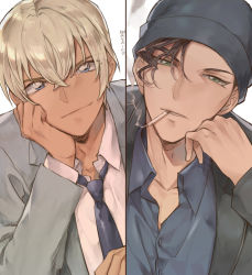 Rule 34 | 2boys, akai shuuichi, amuro tooru, beanie, black hair, black headwear, black jacket, blonde hair, blue eyes, blue neckwear, blue shirt, buttons, cigarette, closed mouth, collarbone, collared shirt, commentary, dreaming182, dress shirt, formal, green eyes, grey background, grey jacket, grey suit, hair between eyes, hand on own cheek, hand on own face, hand up, hat, head rest, highres, jacket, long sleeves, looking at viewer, loose necktie, male focus, meitantei conan, mouth hold, multiple boys, necktie, parted lips, shirt, short hair, signature, smile, split screen, suit, upper body, white shirt