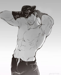 Rule 34 | 1boy, abs, absurdres, bara, chris redfield, closed mouth, facial hair, gloves, greyscale, hat, highres, laoziwai xingren, large pectorals, male focus, military hat, monochrome, muscular, muscular male, navel, nipples, open pants, pants, pectorals, resident evil, resident evil 5, short hair, smile, solo, topless male