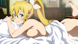 Rule 34 | 10s, 1girl, ass, barefoot, bed, blanket, blonde hair, blush, breasts, feet, green eyes, kawakami tetsuya, large breasts, leafa, long hair, looking at viewer, lying, nude, on stomach, pillow, pointy ears, ponytail, smile, soles, sword art online, toes