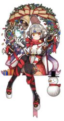 Rule 34 | 1girl, bad id, bad pixiv id, bell, black footwear, black thighhighs, boots, bow, christmas, christmas wreath, elsword, eve (elsword), forehead jewel, full body, gloves, grey hair, highres, merry christmas, no nose, orange eyes, red bow, red ribbon, red skirt, ribbon, shirt, short hair, sitting, skirt, snowman, solo, thigh boots, thighhighs, utut, white gloves, white shirt, wreath