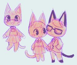 Rule 34 | 1boy, 1girl, :3, alternate costume, animal crossing, animal ears, animal hands, barefoot, bespectacled, blush stickers, bottomless, cat boy, cat ears, cat girl, cat tail, constricted pupils, eye contact, full body, furry, glasses, grey background, hand in pocket, happy, hetero, highres, holding hands, long sleeves, looking at another, miniskirt, monochrome, multiple views, neck ribbon, necktie, nervous, nintendo, open mouth, pleated skirt, raymond (animal crossing), ribbon, robot (pixiv 42325944), rosie (animal crossing), shirt, short hair, simple background, sketch, skirt, smile, standing, tail, vest