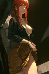 Rule 34 | 1girl, bracelet, braid, braided ponytail, breasts, chainsaw man, cinderone, clothes lift, highres, jewelry, lifting own clothes, makima (chainsaw man), medium breasts, necklace, no bra, orange eyes, red hair, ringed eyes, skirt, skirt lift, solo, unbuttoned, unbuttoned shirt