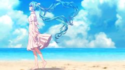 Rule 34 | 1girl, barefoot, beach, blue eyes, blue hair, blue sky, blurry, blurry background, bow, cloud, collared shirt, day, floating hair, from side, hair bow, hatsune miku, high-waist skirt, highres, holding, holding shoes, long hair, looking up, matsuda toki, medium skirt, ocean, outdoors, pleated skirt, profile, shirt, shoes, unworn shoes, short sleeves, skirt, sky, solo, standing, very long hair, vocaloid, walking, white bow, white footwear, white shirt, white skirt, wing collar