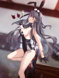 Rule 34 | 1girl, ;d, animal ears, arm behind back, arm support, ass, azur lane, backless leotard, bar stool, bare legs, bare shoulders, black bow, black gloves, black hairband, black leotard, blush, bow, breasts, brown hair, cleavage, cross-laced leotard, cup, detached collar, drinking glass, from side, gloves, hairband, hakamaboooots, hand up, happy, high heels, highres, holding, holding tray, indoors, large breasts, leg up, legs, leotard, long hair, looking at viewer, medium breasts, no bra, no panties, one eye closed, open mouth, pamiat merkuria (azur lane), pink eyes, rabbit ears, rabbit tail, skin tight, smile, solo, splashing, standing, standing on one leg, star (symbol), stool, tail, thighs, tray, very long hair