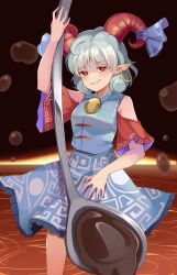 Rule 34 | 1girl, blue dress, blue hair, commentary request, curly hair, detached sleeves, dress, earrings, highres, holding spork, horn ornament, horn ribbon, horns, jewelry, koizumo, light blue hair, oversized object, patterned clothing, pointy ears, red eyes, red horns, red sleeves, ribbon, sharp teeth, sheep horns, spork, teeth, touhou, sunken fossil world, toutetsu yuuma