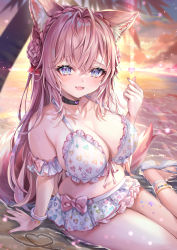 Rule 34 | 1girl, ahoge, akami770, animal ear fluff, animal ears, anklet, arm cuffs, arm support, bangle, bare shoulders, beach, bikini, bikini skirt, black choker, blue eyes, blush, bow, bracelet, braid, braided bun, breasts, choker, cleavage, collarbone, crossed bangs, crown braid, fang, foot out of frame, frilled bikini, frills, front-tie bikini top, front-tie top, hair bun, hakui koyori, halterneck, hand up, heart, heart choker, highres, hololive, jewelry, large breasts, long hair, looking at viewer, miniskirt, nail polish, navel, open mouth, palm tree, patterned clothing, pink bow, pink hair, pink nails, sitting, skirt, smile, snapping fingers, solo, star tattoo, sunset, swimsuit, tail, tattoo, thighs, tree, virtual youtuber, water, white bikini, white footwear, wolf ears, wolf girl, wolf tail
