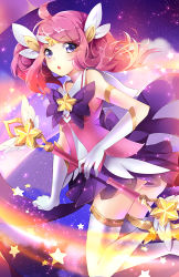 Rule 34 | 1girl, :o, armlet, dress, elbow gloves, gloves, hair ornament, headband, league of legends, lux (league of legends), pink hair, pleated skirt, purple eyes, purple skirt, sailor dress, skirt, sleeveless, solo, squchan, star guardian (league of legends), star guardian lux, thighhighs, wand, white thighhighs, zettai ryouiki