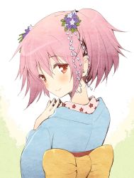 Rule 34 | 10s, 1girl, alternate costume, blush, fingers together, flower, hair flower, hair ornament, japanese clothes, kaname madoka, kimono, komi zumiko, long sleeves, looking at viewer, looking back, mahou shoujo madoka magica, mahou shoujo madoka magica (anime), pink hair, red eyes, sash, smile, solo, twintails