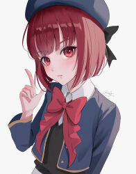 Rule 34 | 1girl, absurdres, aendi en d endei, arima kana, artist name, beret, black bow, black sweater vest, blue hat, blue jacket, blunt bangs, bow, bowtie, breasts, closed mouth, commentary, cropped jacket, hand up, hat, hat bow, highres, index finger raised, jacket, light frown, long sleeves, looking at viewer, oshi no ko, red bow, red bowtie, red eyes, red hair, school uniform, shirt, short hair, signature, simple background, small breasts, solo, sweater vest, upper body, white background, white shirt, youtou high school uniform