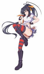 Rule 34 | 10s, 1girl, black hair, breasts, cosplay, high school dxd, highres, himejima akeno, kagurazaka ranka, kagurazaka ranka (cosplay), large breasts, long hair, panties, purple eyes, red panties, simple background, solo, standing, striped clothes, striped thighhighs, thighhighs, thighs, underwear, valkyrie drive, valkyrie drive -bhikkhuni-, very long hair