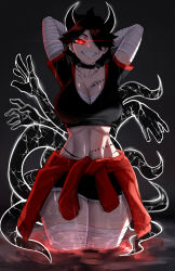 Rule 34 | 1girl, absurdres, arms behind head, arms up, bandaged arm, bandaged leg, bandages, black background, black hair, black shirt, black shorts, chest sarashi, clothes around waist, commentary, crop top, grin, hair over one eye, highres, horns, jacket, jacket around waist, looking at viewer, midriff, original, rageman709, red eyes, red jacket, sarashi, sharp teeth, shirt, short hair, short shorts, shorts, simple background, smile, solo, standing, stomach, teeth, thighs